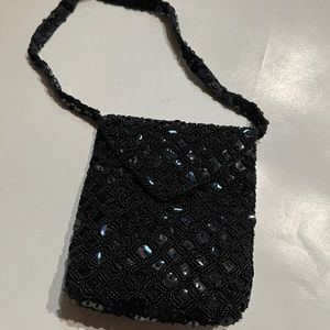 VTG Black Satin Beaded Evening Bag Purse Snap Closure Tag Star Brand Hong Kong